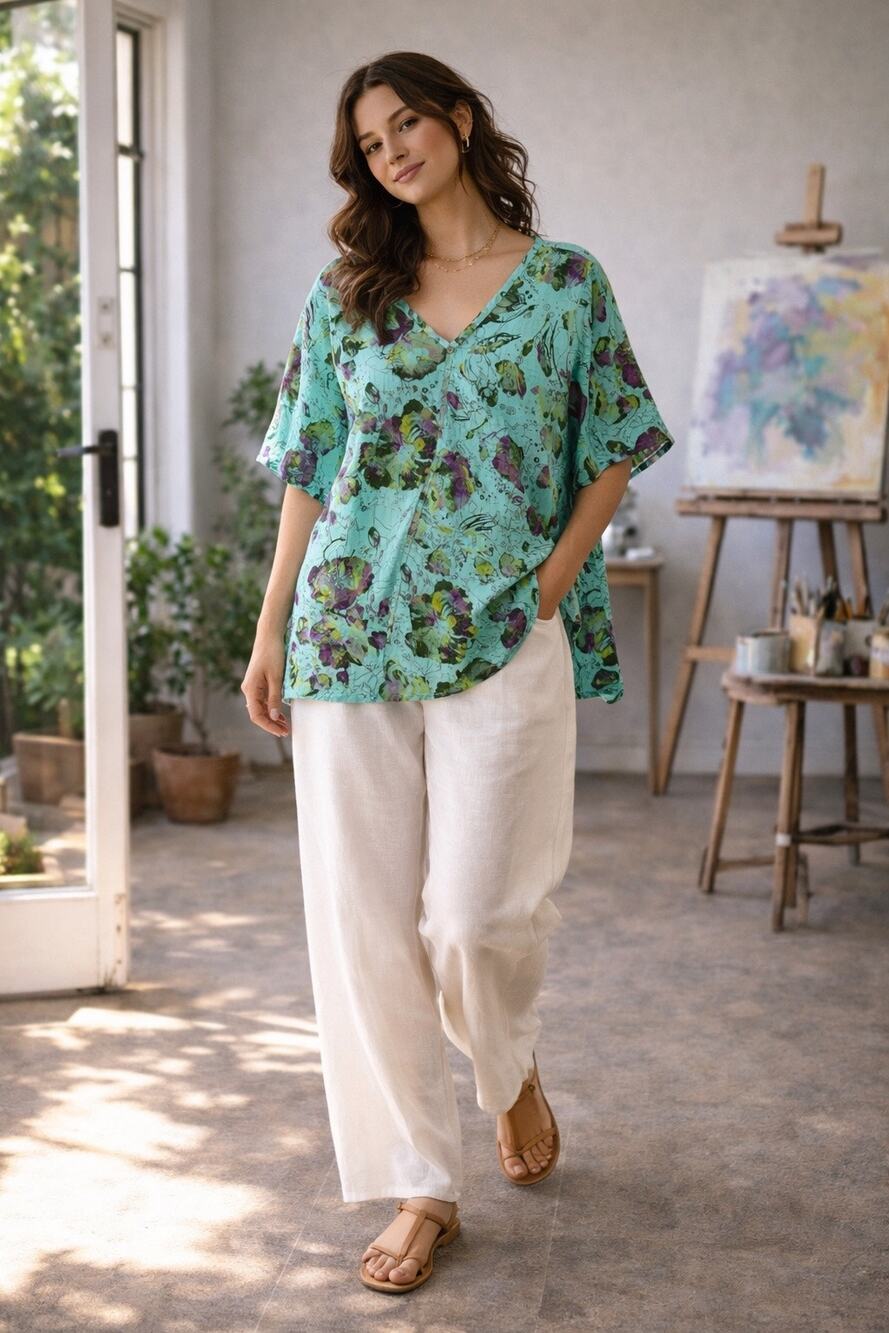 Click Linen Lagenlook Top Large Blue Floral Artsy Relaxed Fit Coastal Casual